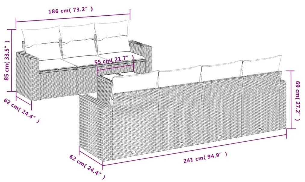 8 pcs conjunto de sofás p/ jardim com almofadões vime PE bege