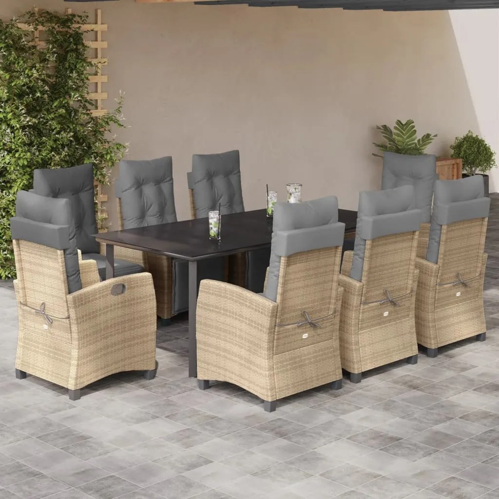 9 pcs conj. jantar jardim c/ almofadões vime PE bege misturado