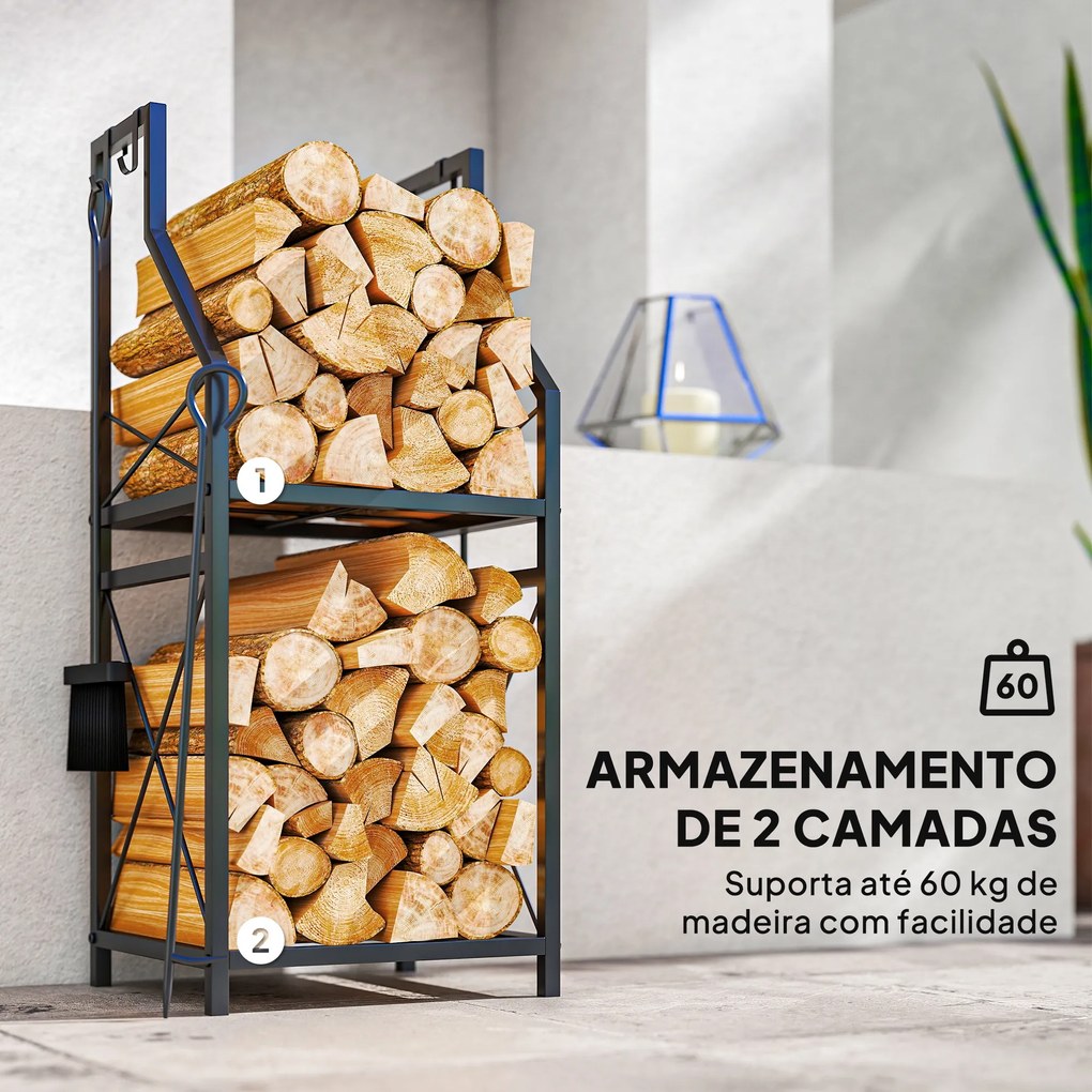 Suporte Metálico para Lenha 2 Níveis com 4 Ferramentas Ganchos e Base Elevada para Interior e Exterior 34x30x80 cm Preto