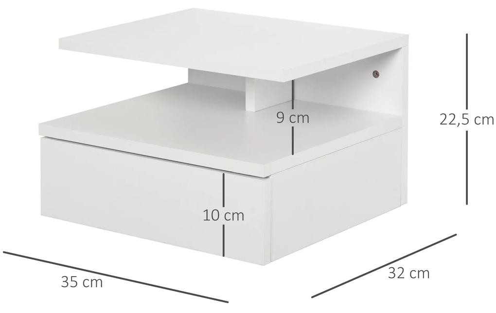 Conjunto de 2 mesas de cabeceira flutuantes com 1 gaveta e prateleira aberta montado na parede de madeira 35x32x22,5 cm Branco