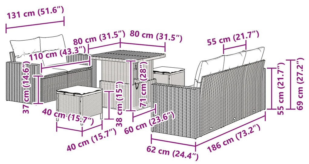 Conjunto de Sofá de Jardim 8 Peças com Almofadas Cinza Rattan Poliéste