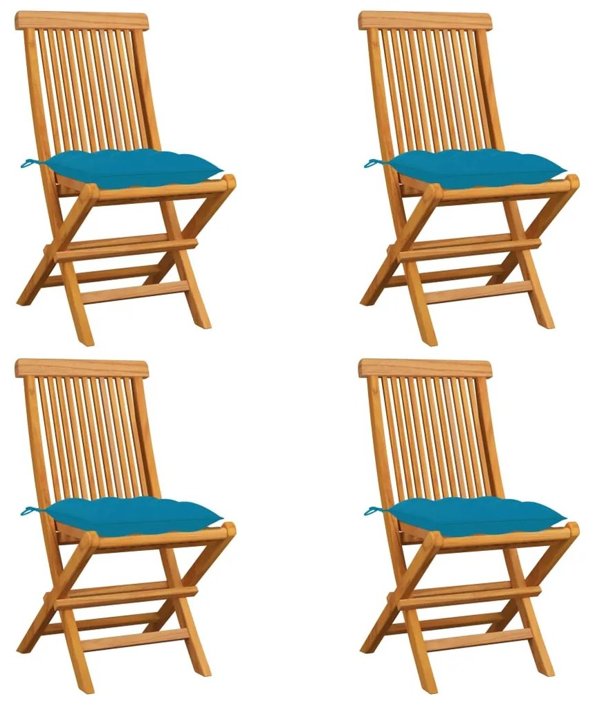 3062587 vidaXL Cadeiras de jardim c/ almofadões azul-claro 4 pcs teca maciça