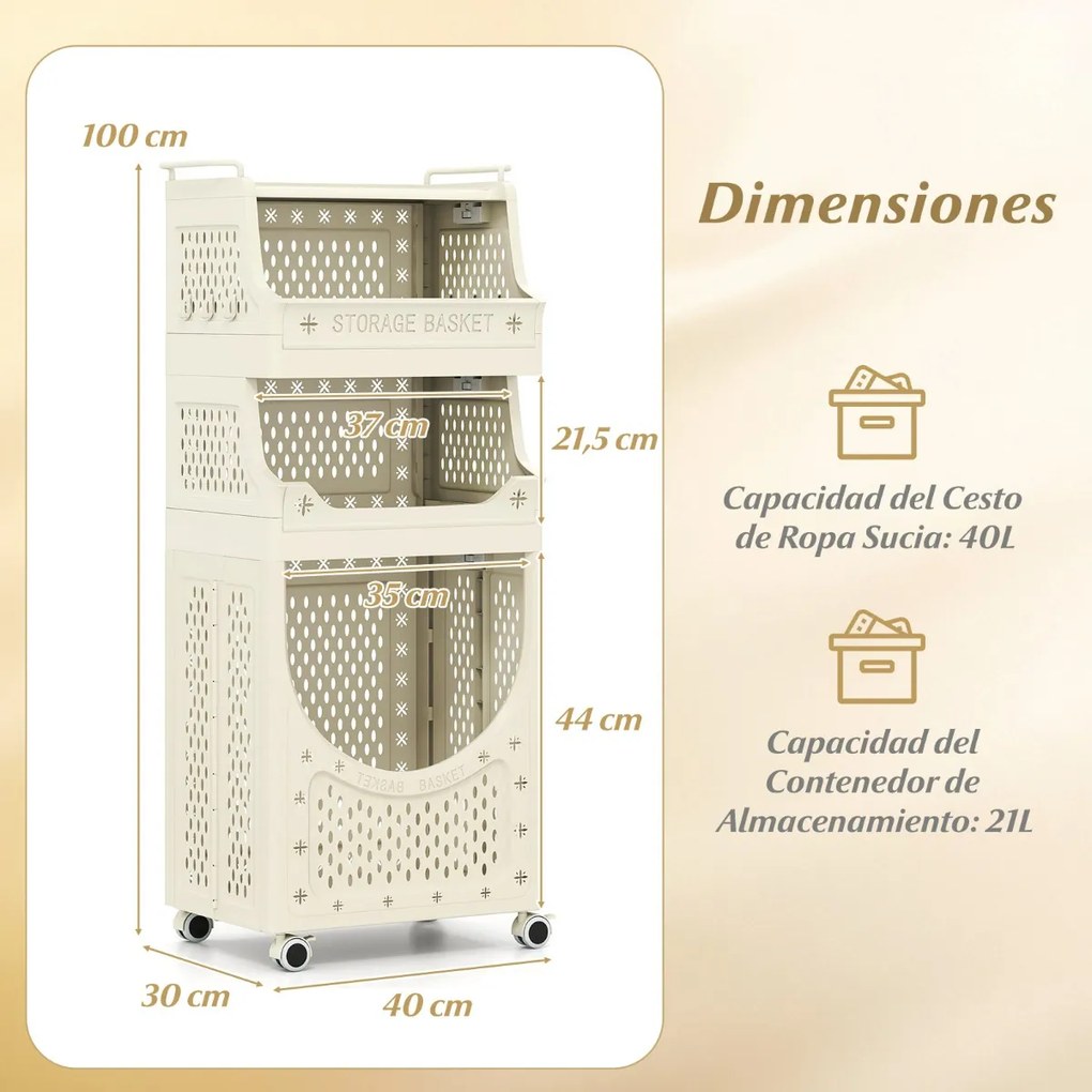 Carrinho para roupa suja 40 x 30 x 100 cm com 4 níveis com Cesto dobrável com 2 cestos 6 ganchos para pendurar com rodas bege