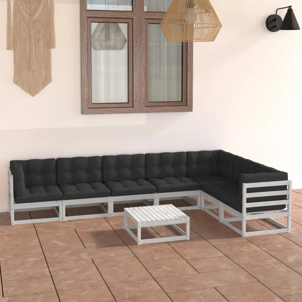 vidaXL 8 pcs conj. lounge de jardim c/ almofadões pinho maciço branco