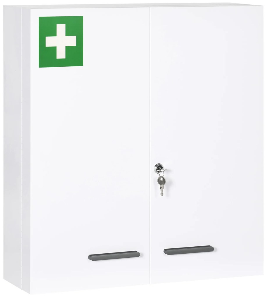 kleankin Armário para Medicamentos Armário de Primeiros Socorros de Parede em Aço de 3 Níveis com Fecho e 2 Chaves 55x18x60 cm Branco | Aosom Portugal