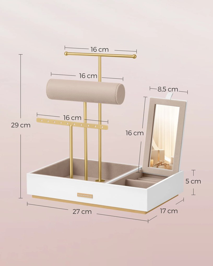 Suporte para joias com espelho 17 x 27 x 29 cm – ideia para presente, dourado e branco