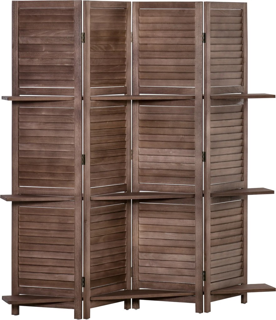 Biombo Dobrável de 4 Painéis de Madeira 162x170 cm Divisória de Ambiente com 3 Prateleiras Nogueira