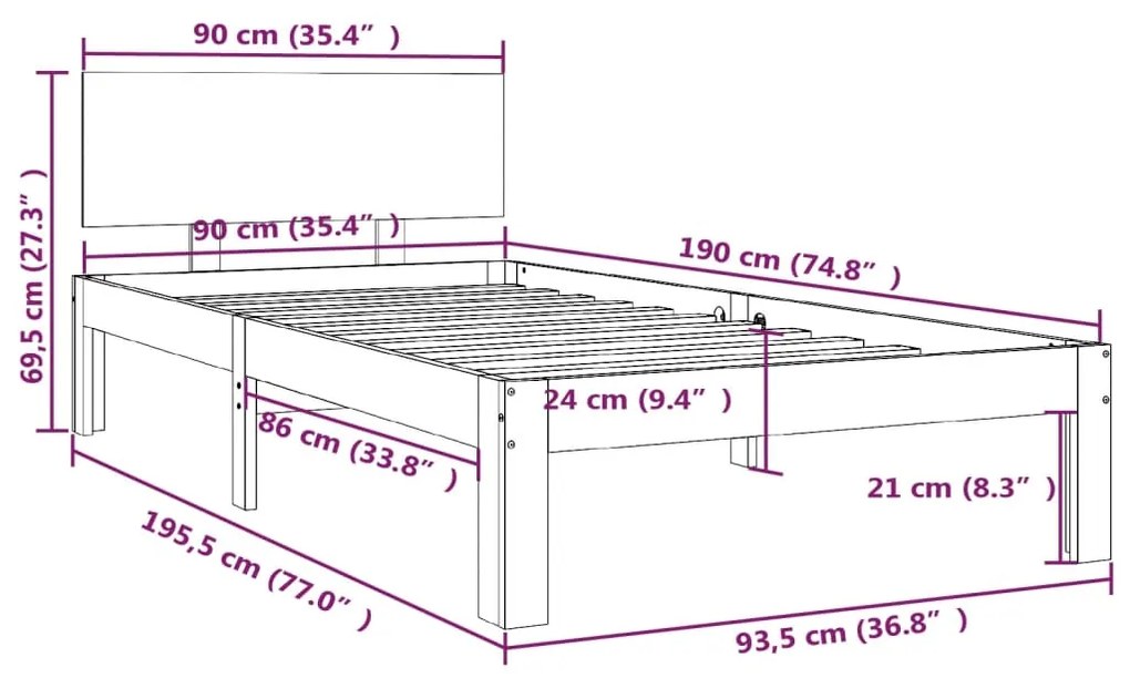 Estrutura de cama solteiro 90x190 cm madeira maciça branco