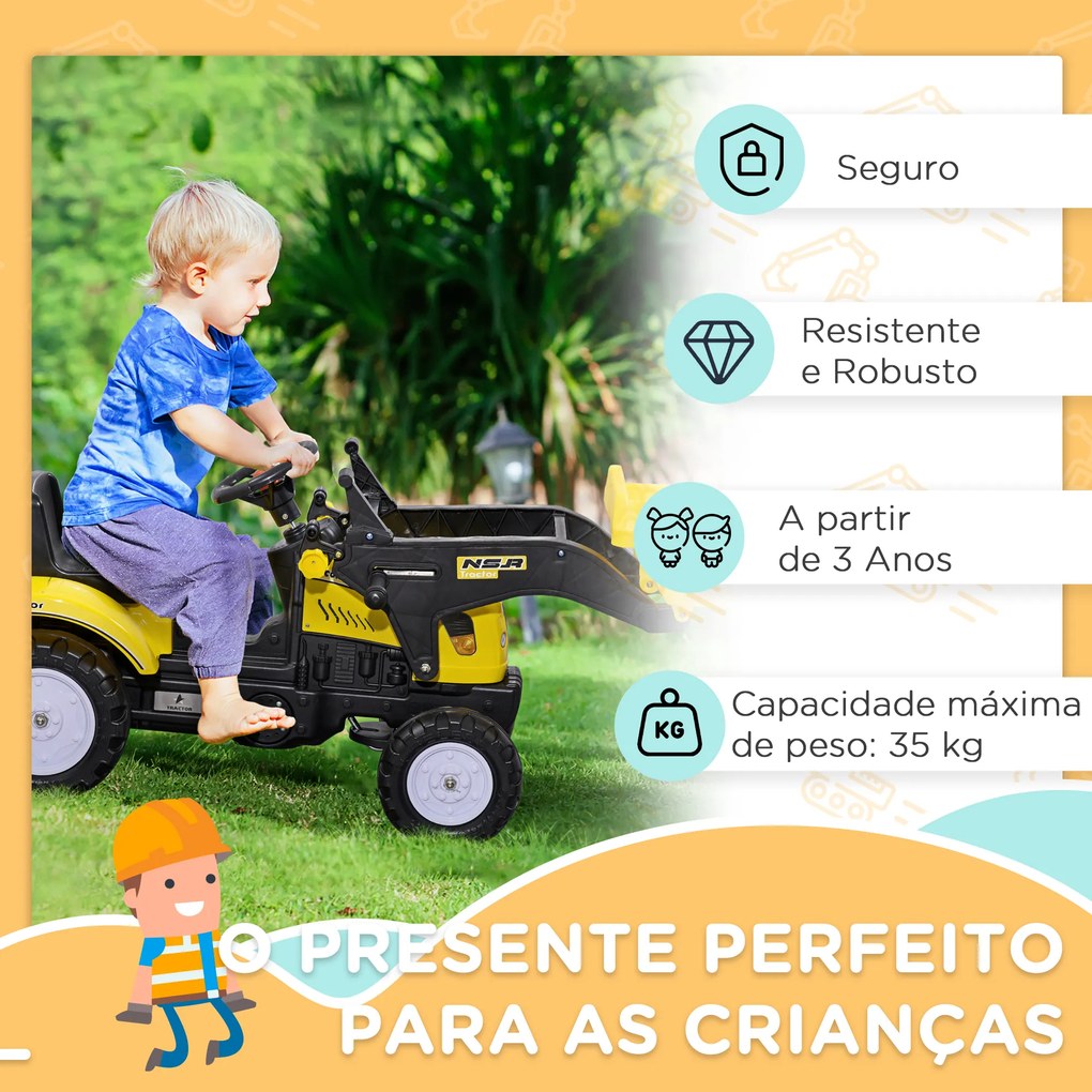 Trator a Pedais para Crianças acima de 3 Anos Trator Escavadora Infantil com Pá Dianteira 114x41x52 cm Amarelo e Preto