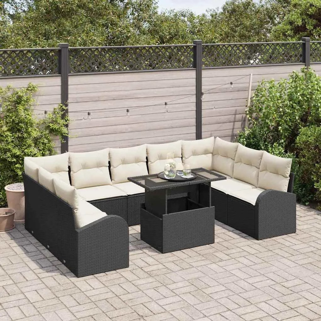 Conjunto de Sofás para o Jardim de 10 Peças com Almofadas Preto Rattan