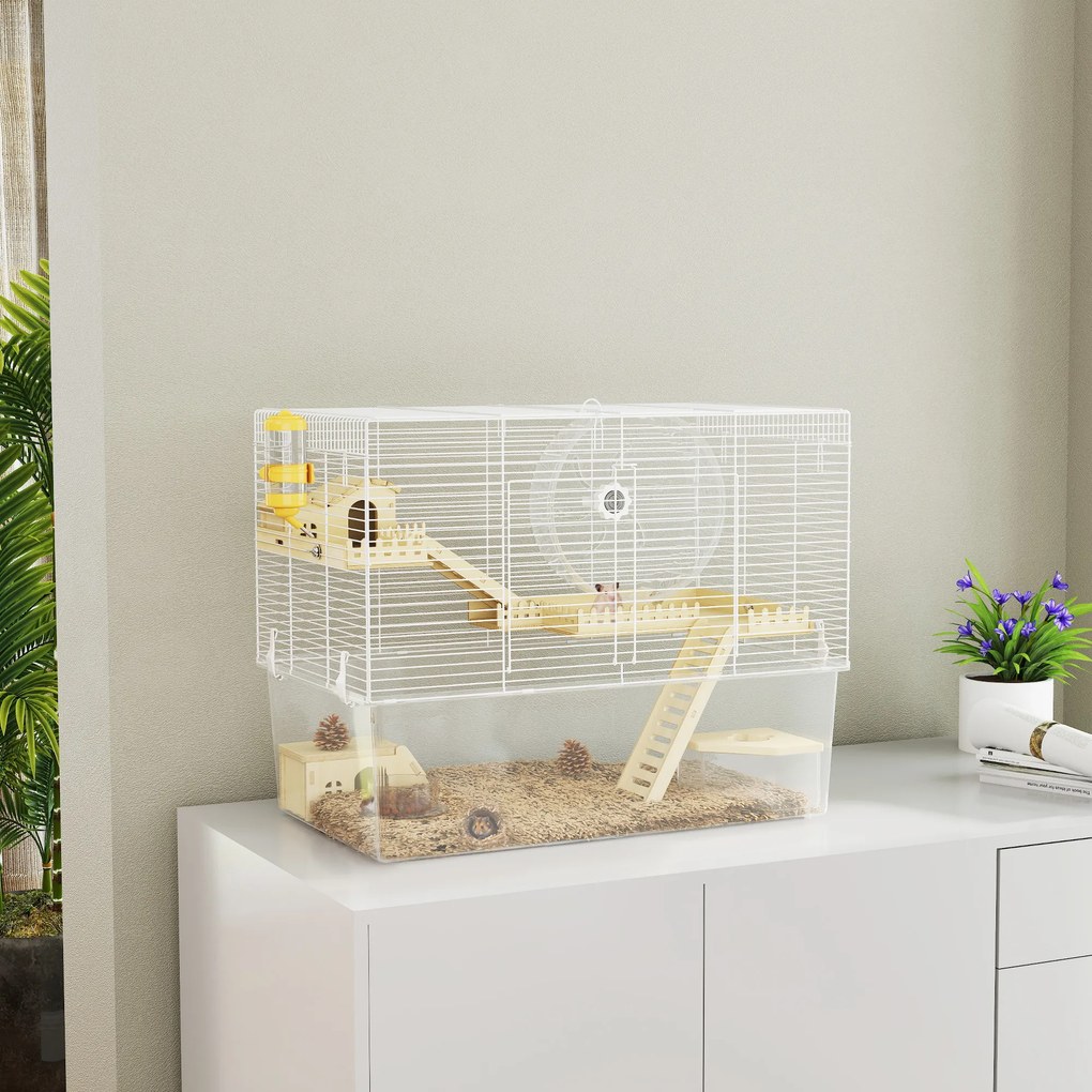 Gaiola para hamsters de 3 níveis, gaiola para roedores com roda de exercício, tabuleiro transparente e fundo, 59 x 35,5 x 47 cm, branca