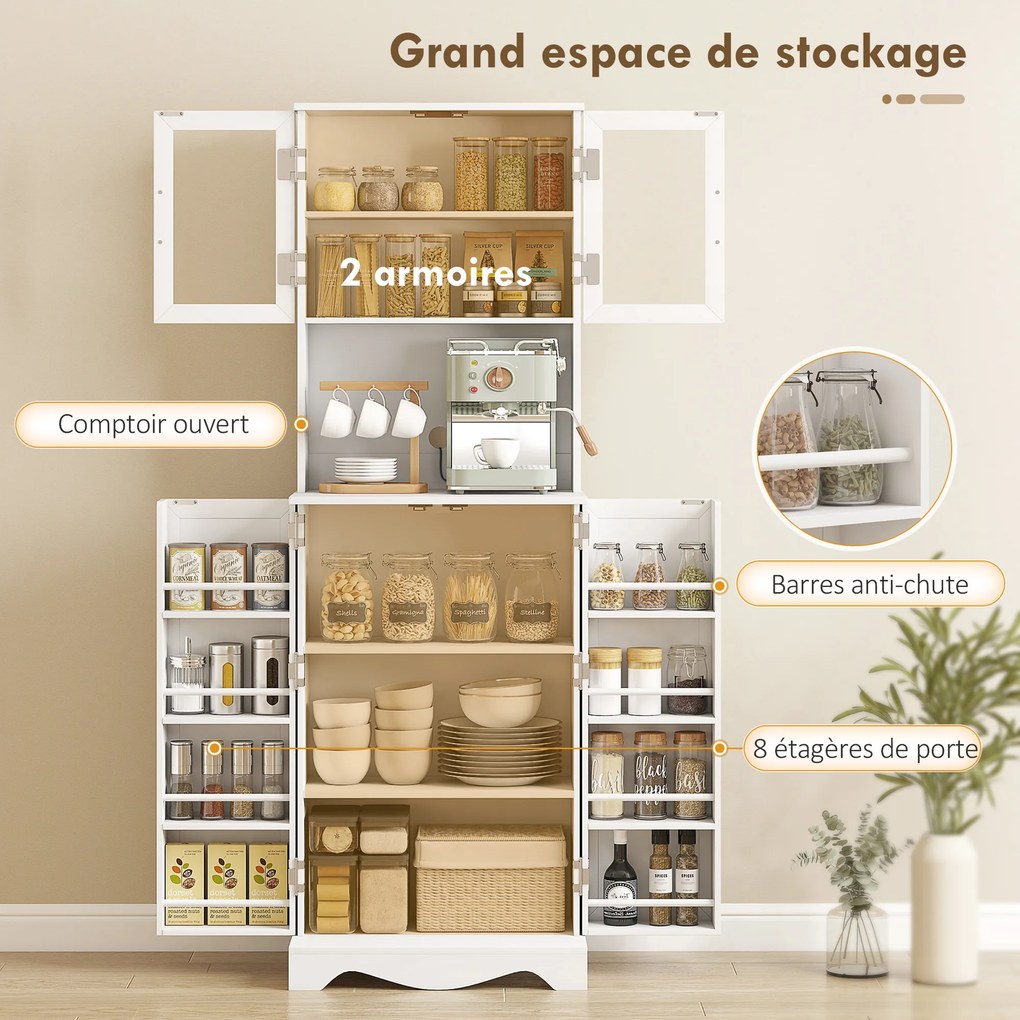 Armário de cozinha alto com 4 portas 60 x 39,5 x 179,6 cm, 8 compartimentos para especiarias, bancada e prateleira ajustável, branco