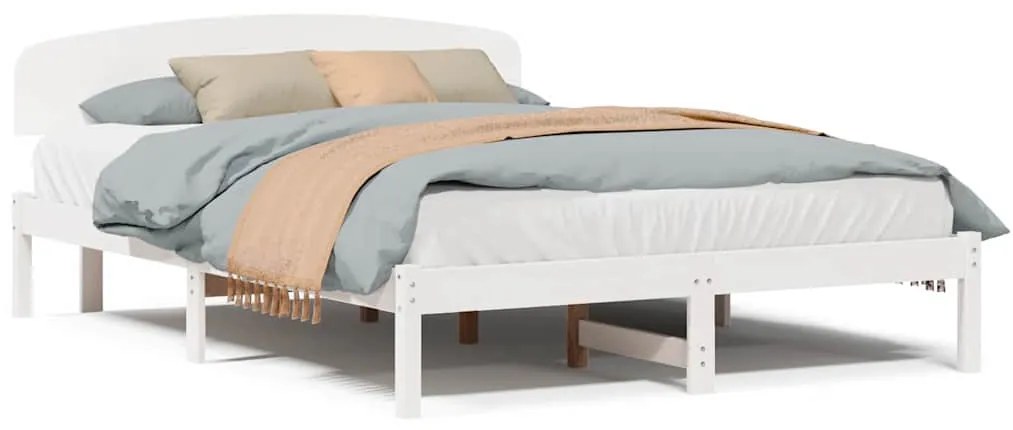 Estrado de Cama com Cabeceira Branca 160x200 cm Madeira Sólida de Pinh