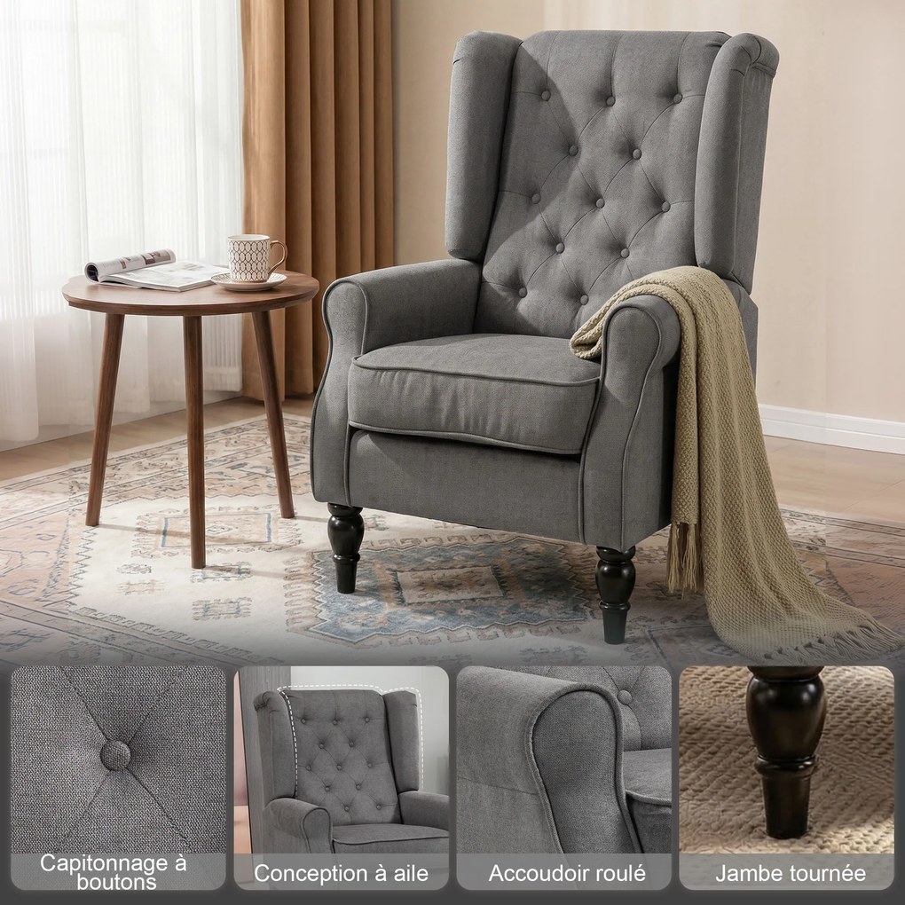 Poltrona de Sala, 86 x 74 x 102 cm, Encosto Alto Capitonado com Abas, Cinzento