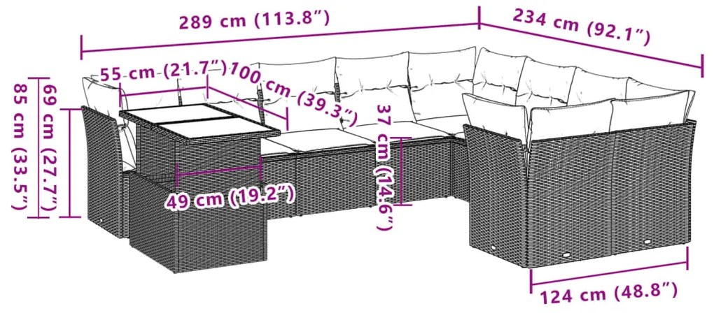 10 pcs conjunto de sofás p/ jardim com almofadões vime PE bege