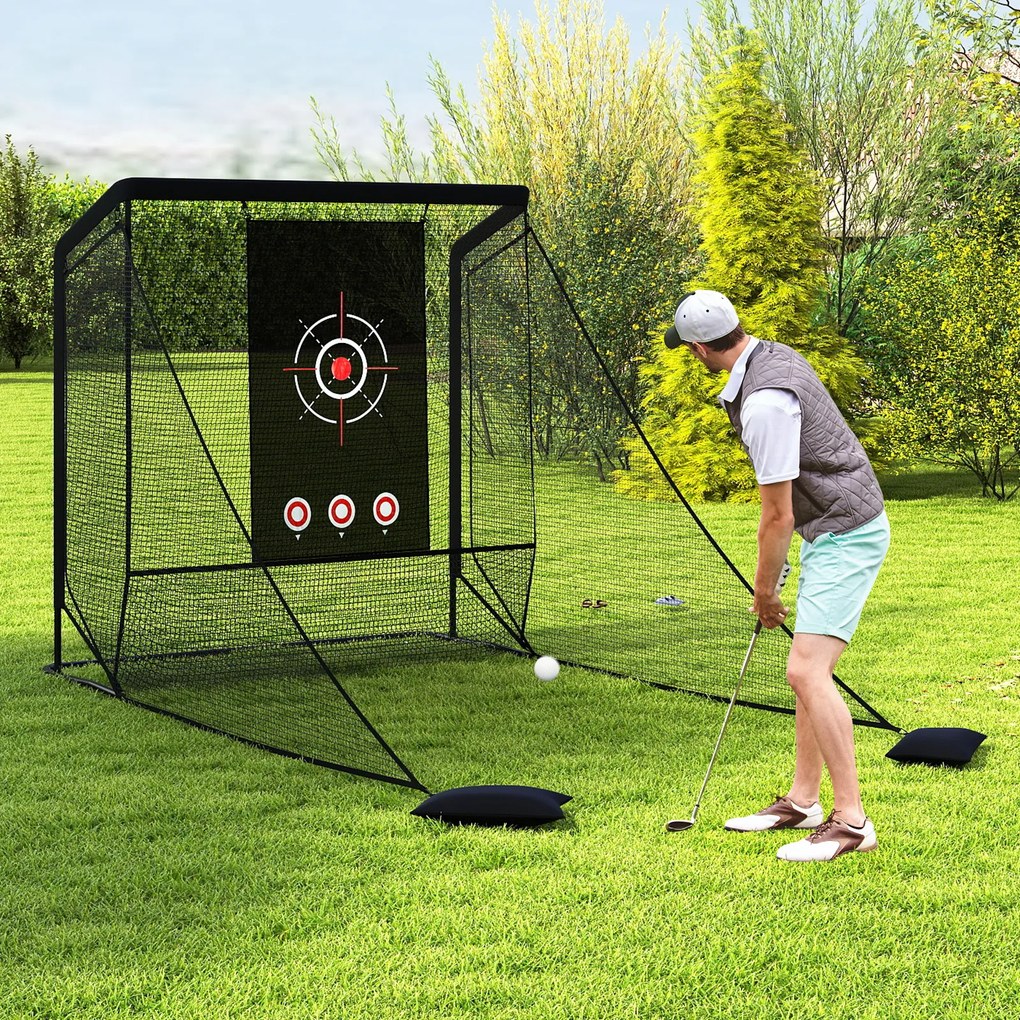 Rede de treino de golfe com redes laterais amovíveis, tecido branco e saco de transporte portátil para uso interior e exterior, 214x300x225 cm