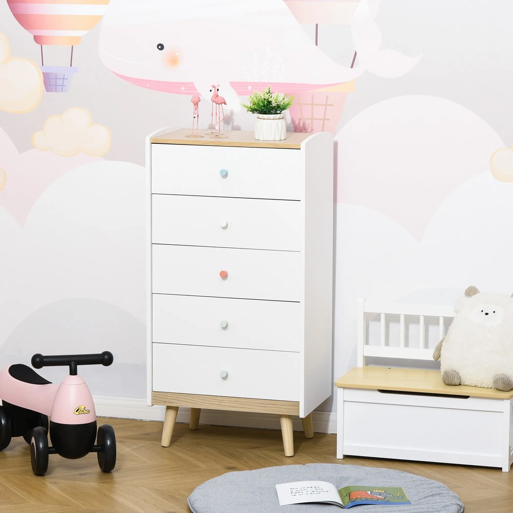 HOMCOM Cómoda Infantil de Madeira com 5 Gavetas para Crianças com Armazenamento para Brinquedos Roupa Livros 55x36x108cm Branco