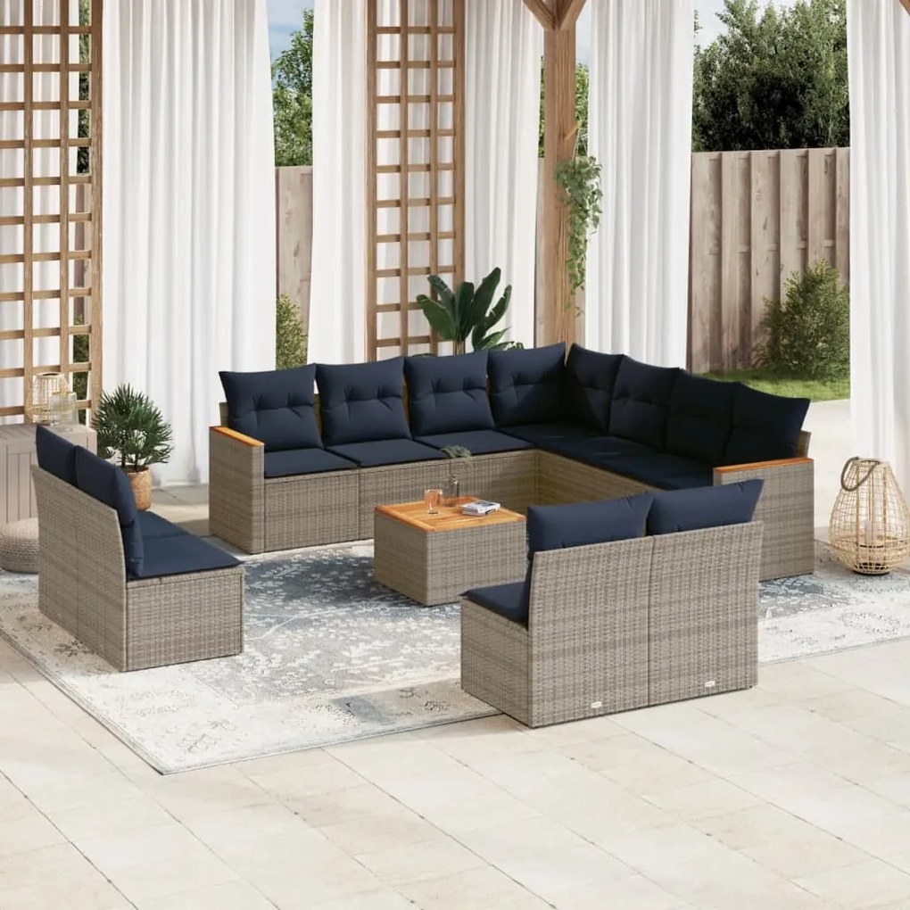 vidaXL 12 pcs conjunto sofás p/ jardim c/ almofadões vime PE cinzento