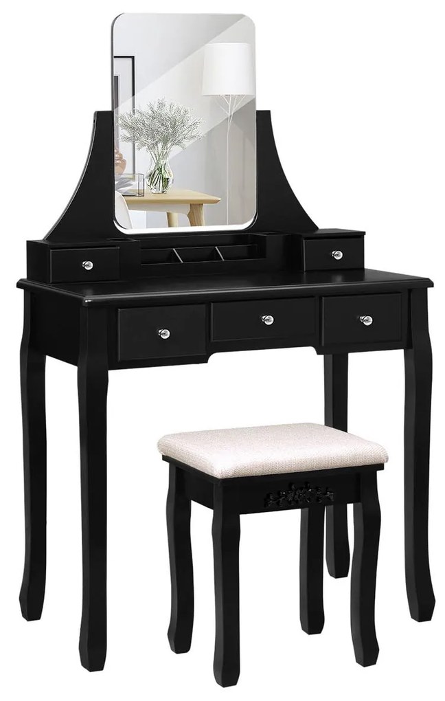 Conjunto de penteadeira VASAGLE, conjunto de penteadeira com espelho grande sem moldura para maquiagem, 5 gavetas e um organizador de armazenamento removível, banquinho acolchoado, preto RDT25BK