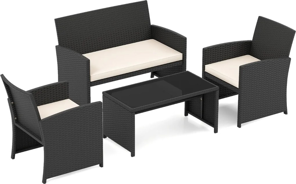 Conjunto de jardim em rattan com 4 peças: sofás de 2 lugares, mesa de vidro temperado e almofadas para exterior, varanda ou piscina, Preto+creme