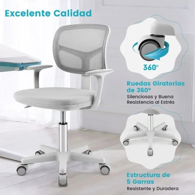 Cadeira Secretária para Crianças Ergonómica com Rodas Cadeira Giratória Altura Ajustável Apoio Lombar Cinza