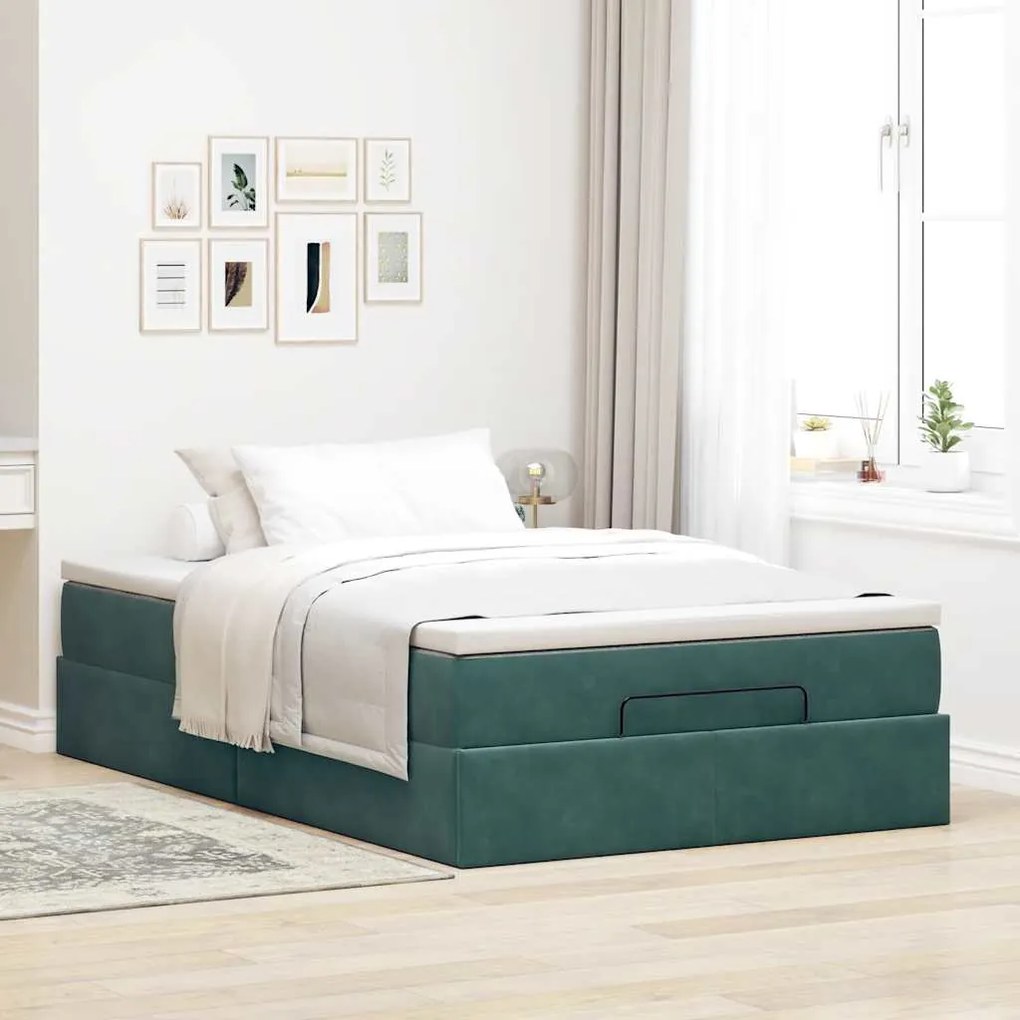 Estrutura de cama otomana com colchão verde escuro veludo