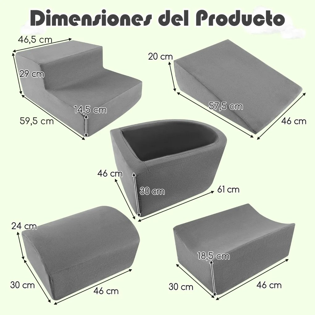 Conjunto de 5 peças para escalada e rampa para crianças Blocos de construção em esponja com piscina de bolas Cobertura lavável Criativa Cinzento