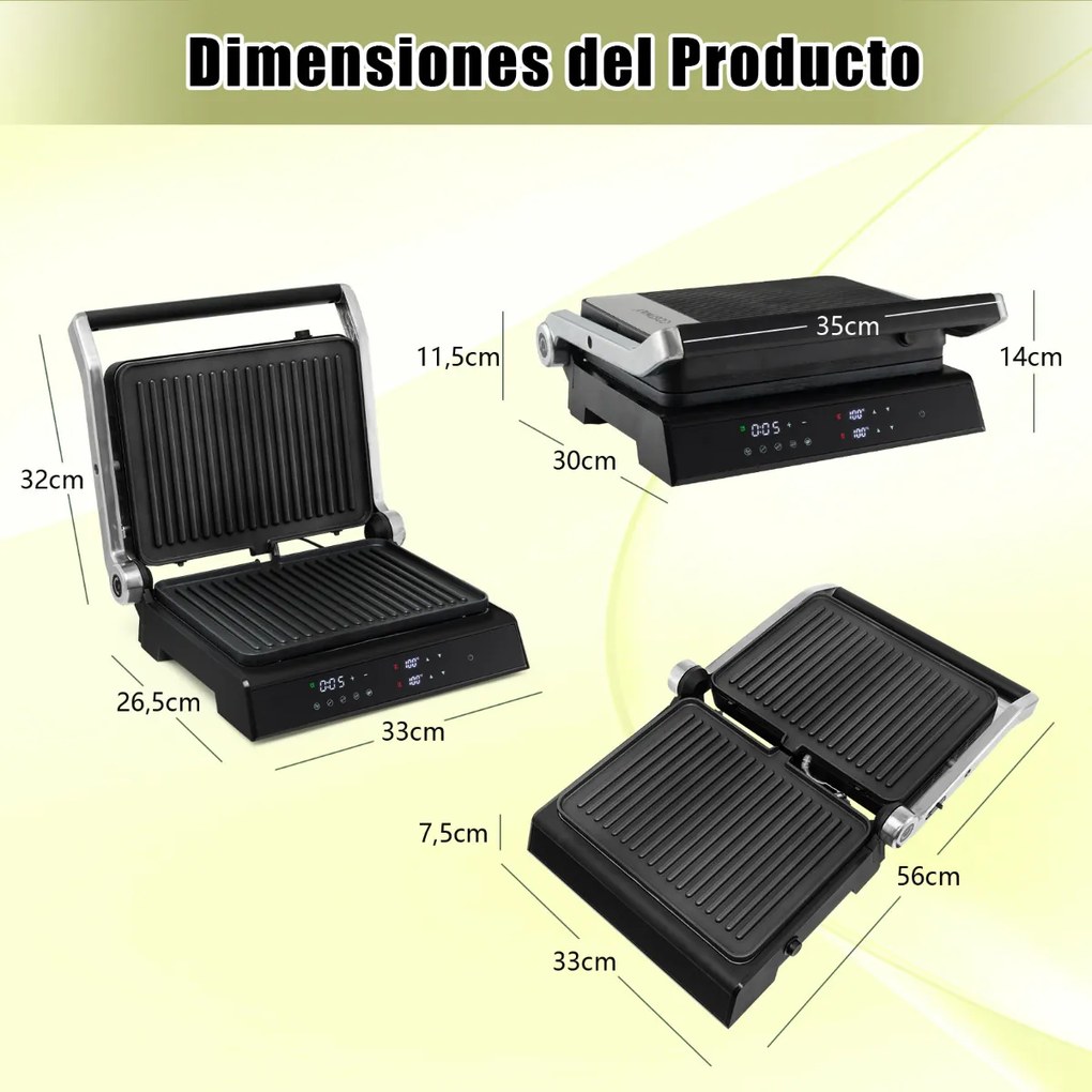 Grelhador Elétrico 1800-2000W 3 em 1 Sanduicheira Abertura de 180º Folhas antiaderentes Controlo de temperatura 35 x 30 x 14 cm Preto