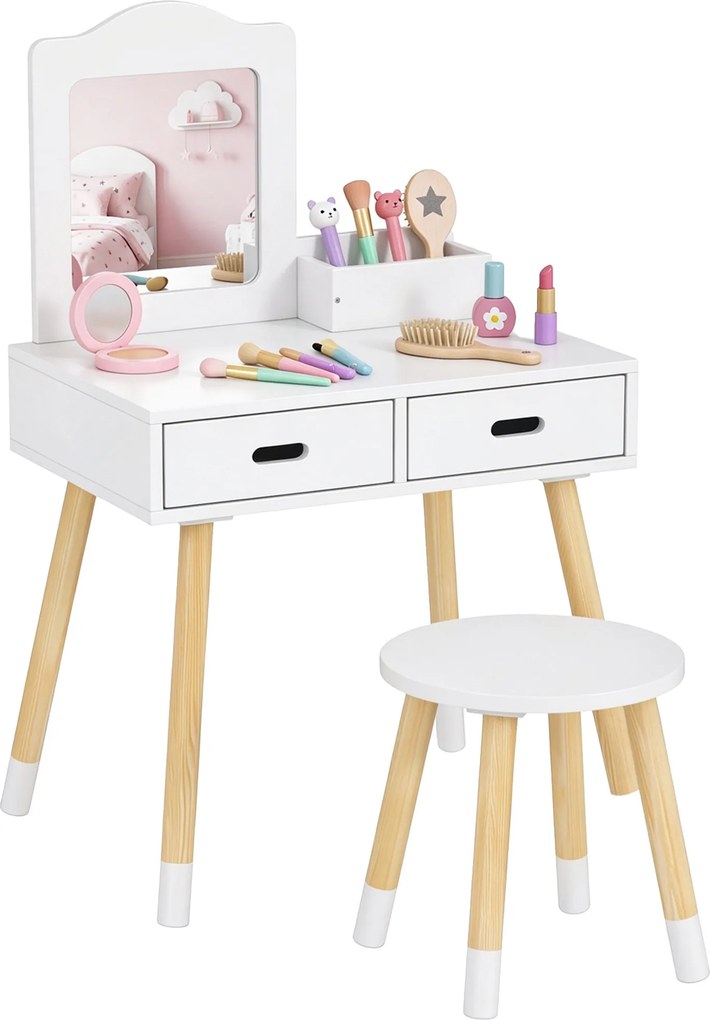 ZONEKIZ Toucador Educativo Madeira Branco Banco Espelho 2 Gavetas Crianças 3-6 Anos Design Moderno 60x40x95cm | Aosom Portugal