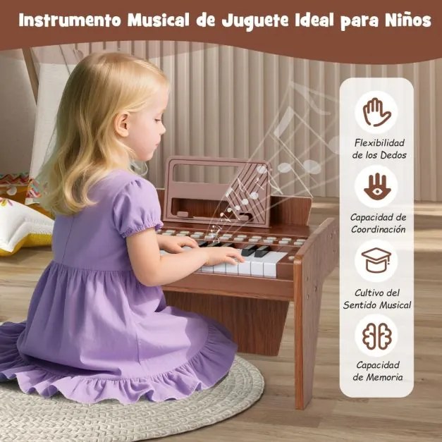 Teclado de piano para crianças 38 x 23 x 27 cm com 25 teclas digital em madeira com velocidade e volume ajustáveis Modo de ensino Castanho