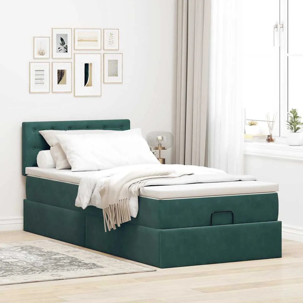 Cama otomana com colchão &amp; LEDs 90x200cm veludo verde-escuro
