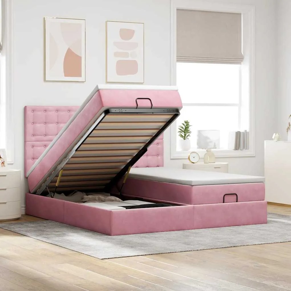 vidaXL Estrutura de cama otomana com colchões 160x200 cm veludo rosa