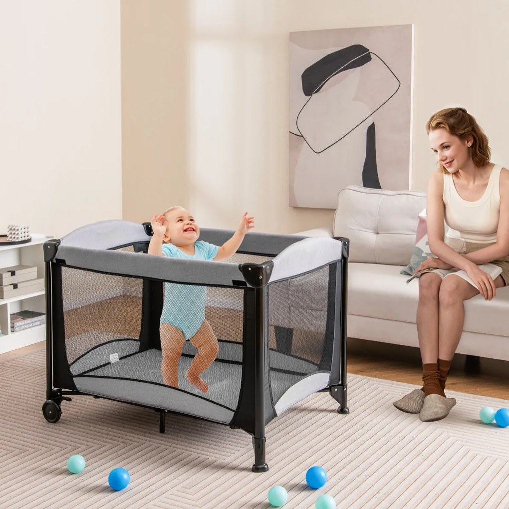 Centro de actividades para bebés 5 em 1 portátil com muda de fraldas Colchão amovível 2 rodas 110 x 78 x 84 cm Preto