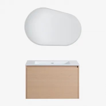 Conjunto De Móveis De Banheiro Em Madeira Jacob Com Pia Integrada Madeira Natural & Oval Led E Anti-embaciamento 100x80 Cm Meunier & - Sklum