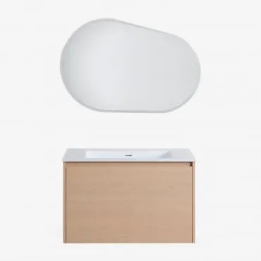 Conjunto De Móvel De Casa De Banho Suspenso 80x50 Cm Em Madeira Com Lavatório Integrado Jacob Madeira Natural & Oval Led E - Sklum