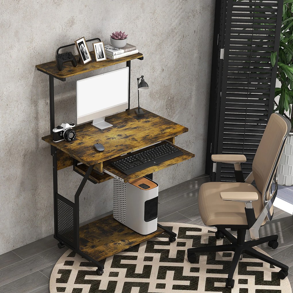 Secretária de Computador com Rodas, 80 x 50 x 130 cm, Prateleiras de Arrumação, Castanho