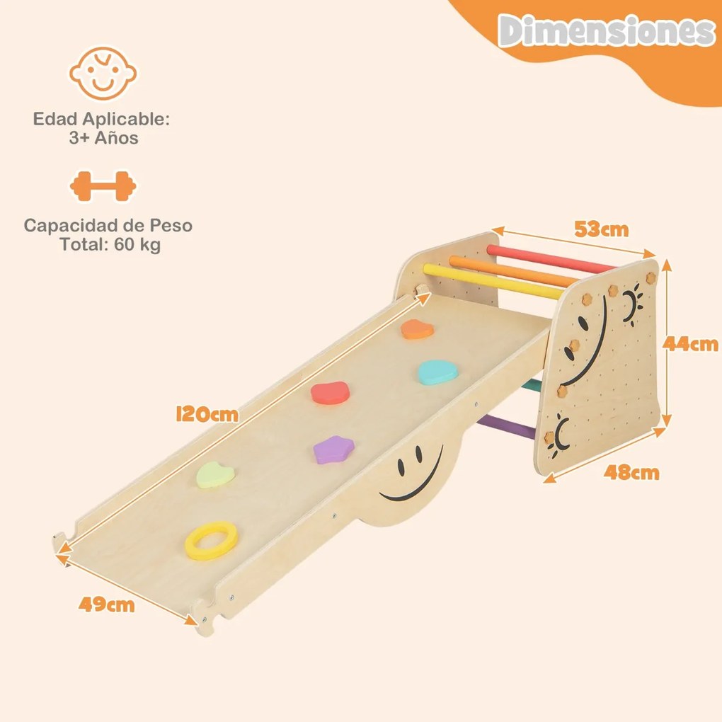 Conjunto de escada de madeira 6 em 1 com baloiço reversível e banco de degraus ajustável em altura para crianças Escada de escalada multicolorido