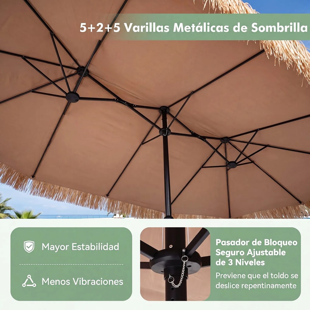 Guarda-sol Duplo, 450 x 270 x 252 cm, com Base, Castanho