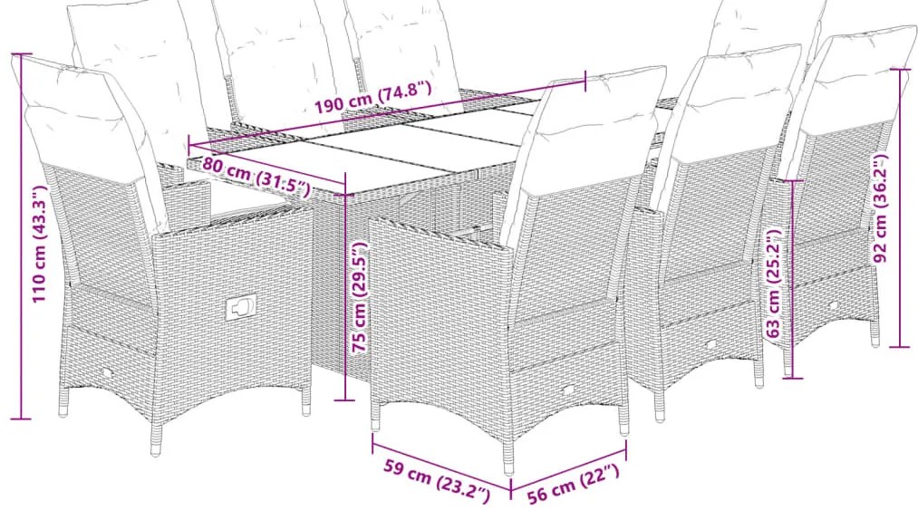 9 pcs conjunto de jantar p/ jardim c/ almofadões vime PE cinza