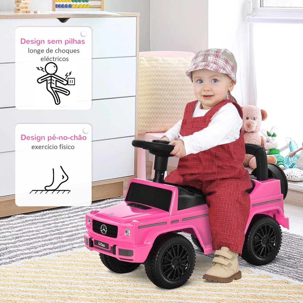 Carro Andador para Bebés com Licença Mercedes G350 com Compartimento de Arrumação e Volante Carga 25 kg 62,5x28,5x45 cm Rosa