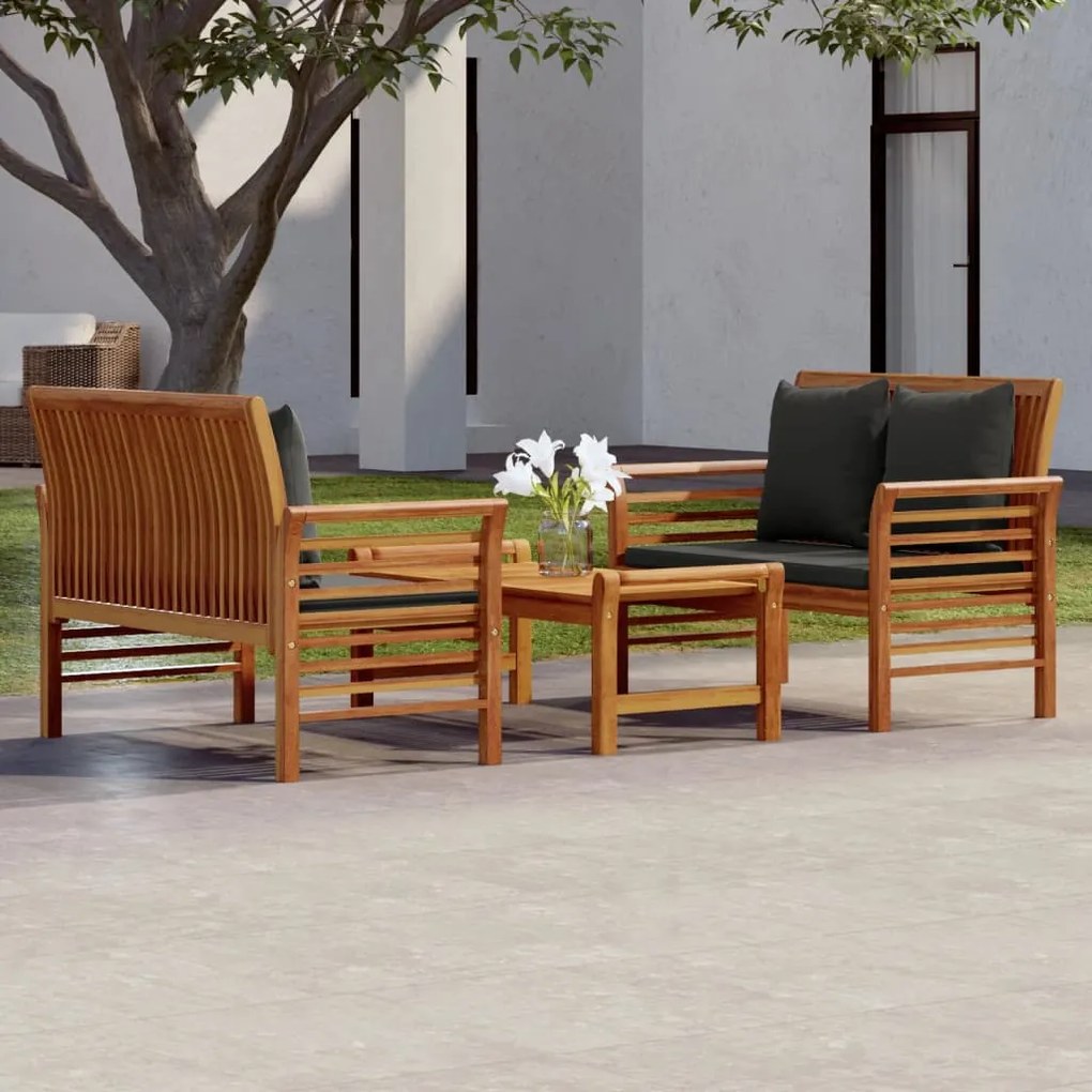 3 pcs conjunto lounge de jardim c/ almofadões acácia maciça