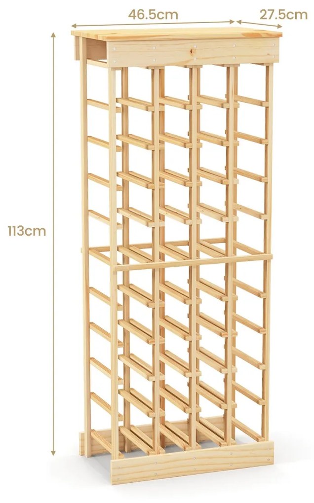 Garrafeira 10 níveis empilhável para 40 garrafas 750 ml Estante para vinhos em madeira de pinho 47 x 28 x 113 cm natural