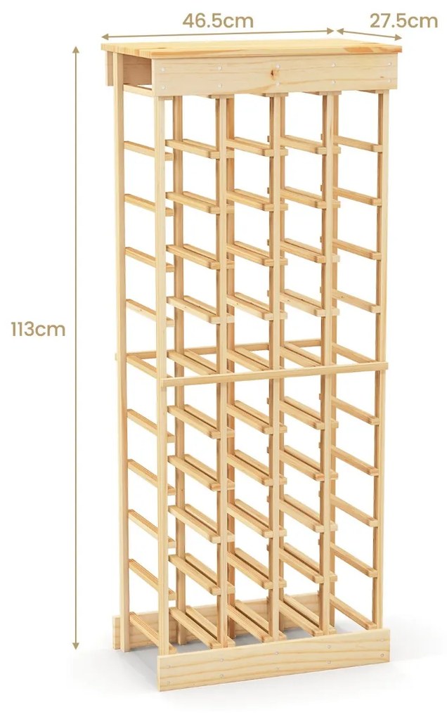 Garrafeira para vinhos 47 x 28 x 113 cm com barra de 10 níveis, garrafeira empilhável para 40 garrafas de 750 ml, madeira de pinho natural