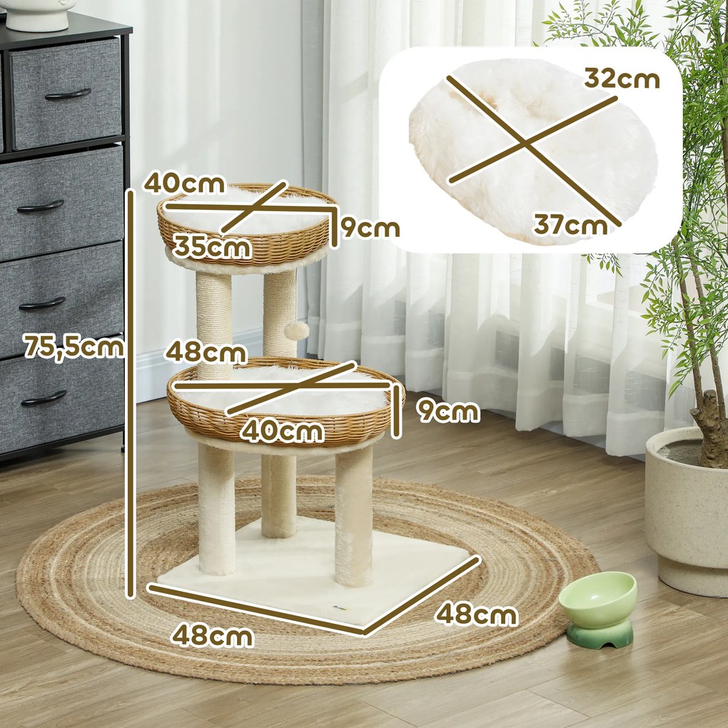 Arranhador para gatos com 75,5 cm de altura, com duas camas para gatos em rattan, arranhadores e almofadas laváveis em bege