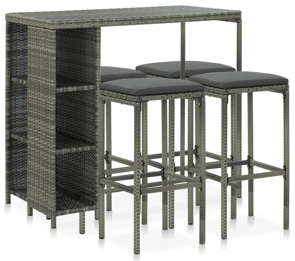 5 pcs conjunto de bar p/ jardim c/ almofadões vime PE cinzento