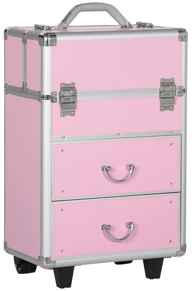 HOMCOM Mala de Maquilhagem Professional com Rodas 6 Gavetas Extensíveis Fechadura 2 Chaves e Alça Retrátil 36x23x58 cm Rosa | Aosom Portugal