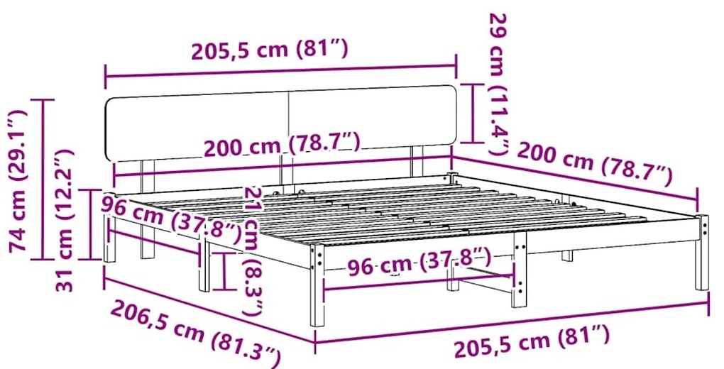 Estrado de cama com Cabeceira Castanho Wax 200x200 cm em Madeira de Pi