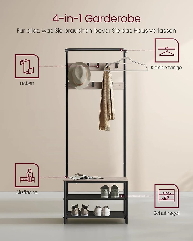 Bengaleiro entrada com 9 ganchos 32,2 x 64 x 180 greige-preto