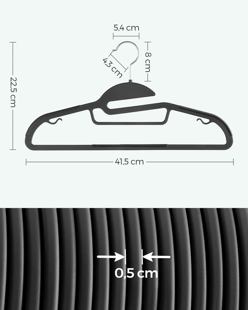 Conjunto 50 Cabides de plástico antiderrapante, compacto, preto