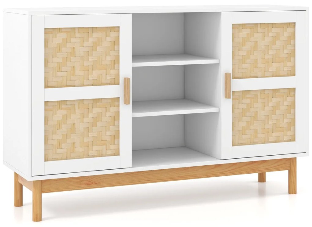 Aparador buffet 120 cm Armário de arrumação com 2 portas em tecido de bambu 3 Estantes abertas para cozinha Sala de jantar Branco